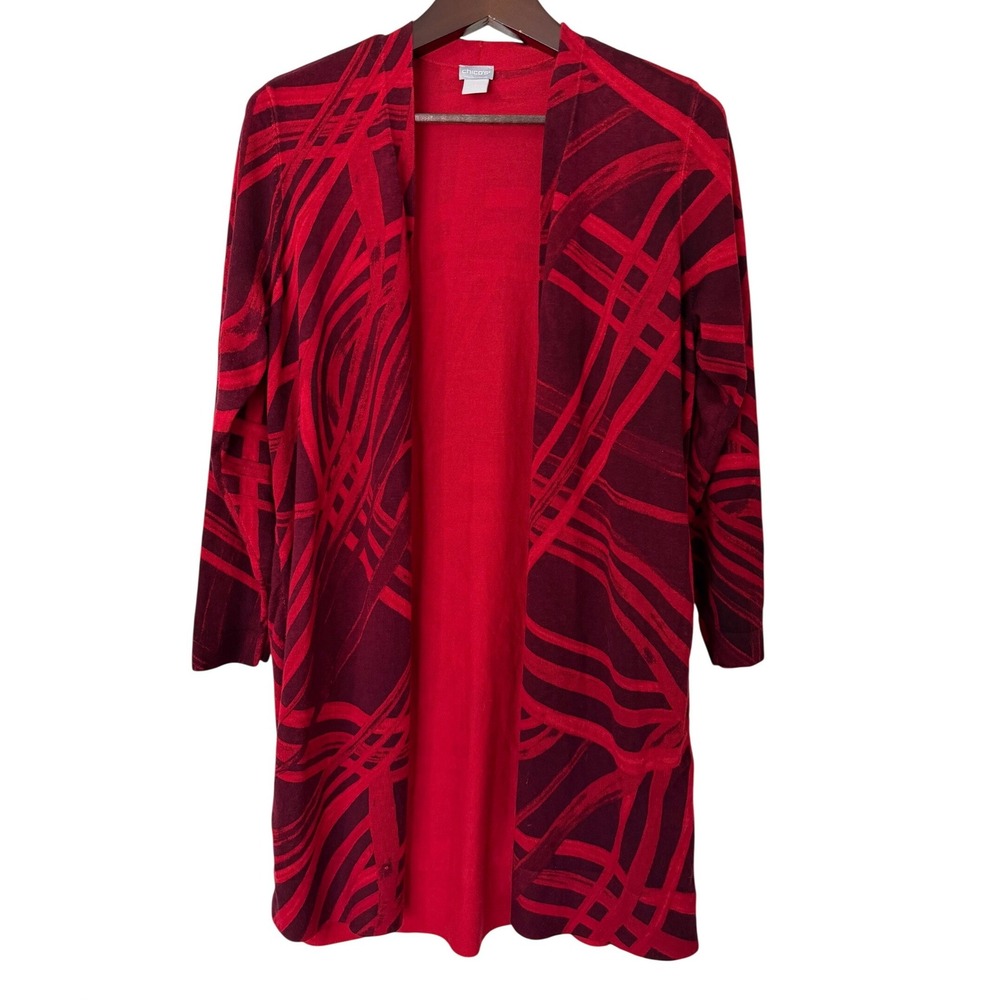 Chico's Red Abstract Geometric Open Front Cardigan Duster Size 2 L Large